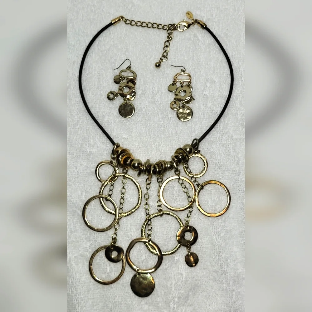 CHICO'S Gold Geometric Bauble Necklace and Dangle Earrings Set / Pierced